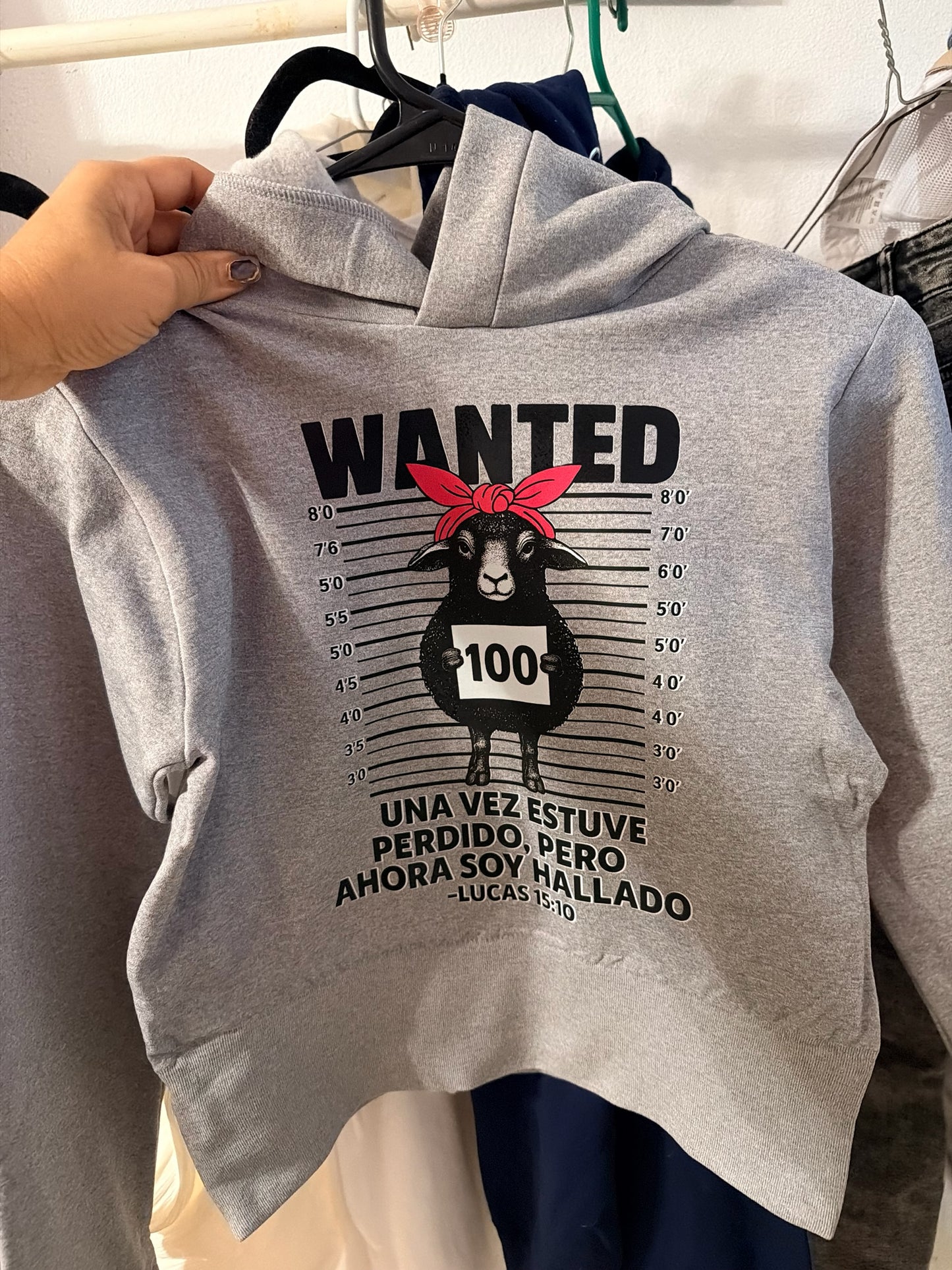Sudadera gris JRMCrafting con capucha y estampado de oveja estilo Wanted con mensaje bíblico de Lucas 15:10